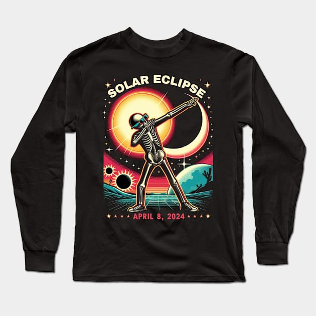 Dabbing Skeleton Total Solar Eclipse 2024 wearing Glasses Long Sleeve T-Shirt by HBart